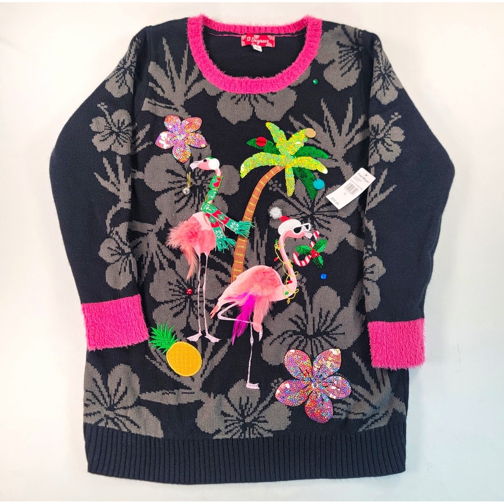 33 Degrees Flamingo Ugly Christmas Sweater XL NWT Sequin Feather Tropical Xmas